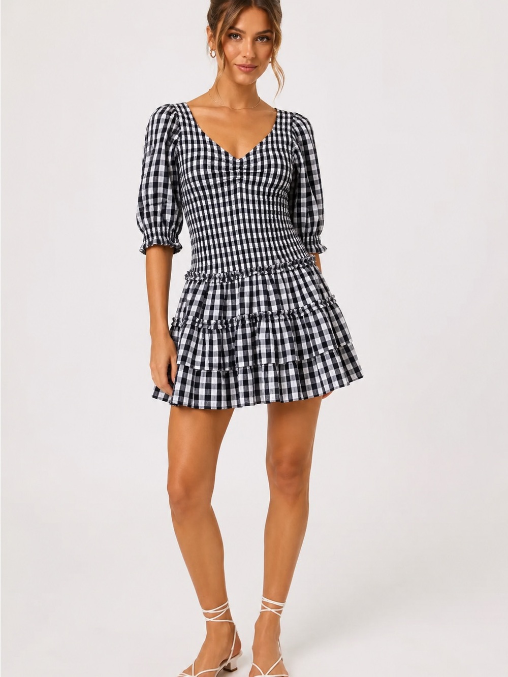 Caroline Constas Navy & White Gingham V-Neck Tiered Mini